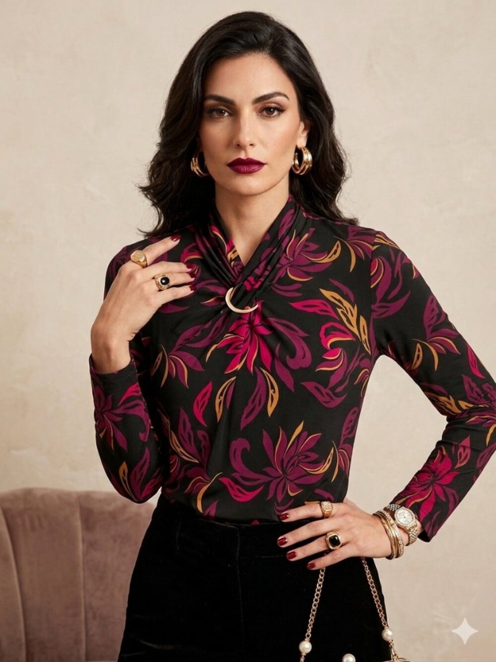 Liz Claiborne MEDIUM Jersey Knit Floral Blouse Top Tunic